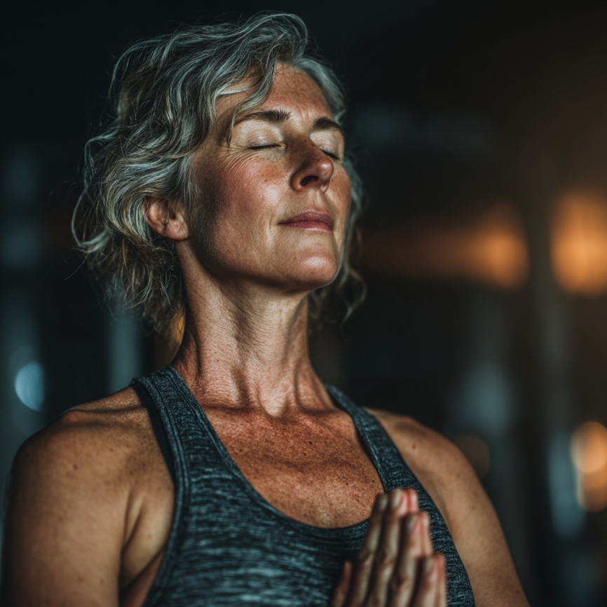 Група людей зрілого віку займається йогою на природі