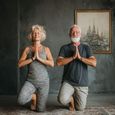 Жінка зрілого віку виконує м'які йога вправи